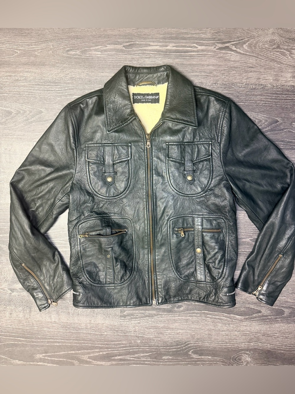 Vintage Dolce & Gabbana Lambskin Leather Shearling Utility Jacket IT 52
